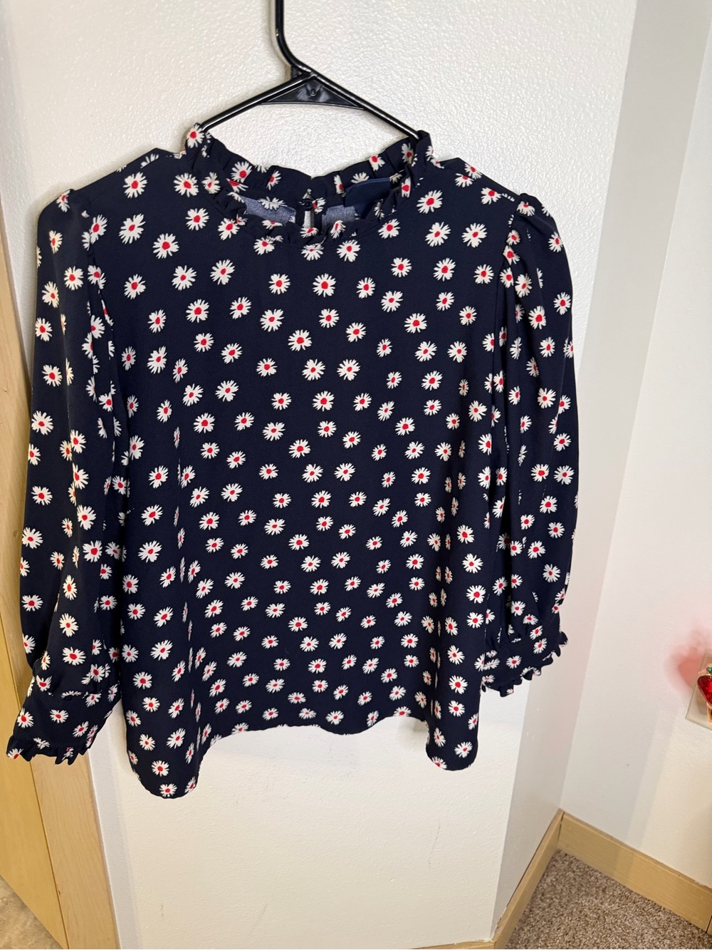 Navy Floral Ruffle Neck Blouse - Long Sleeve